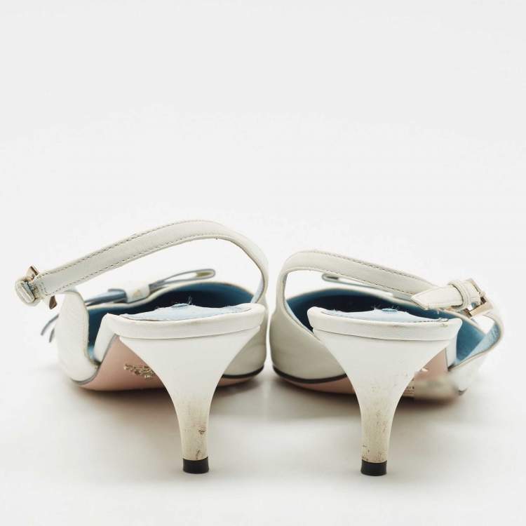 Pre Owned Prada White Leather Bow Slingback Pumps Size 40