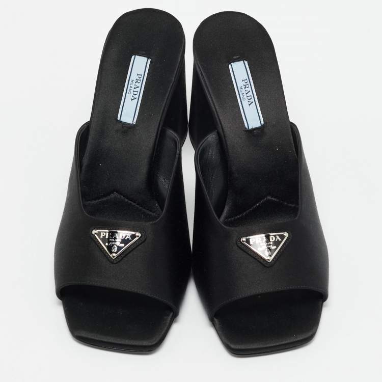 Pre Owned Prada Black Satin Triangle Logo Block Heel Slide Sandals Size 38 