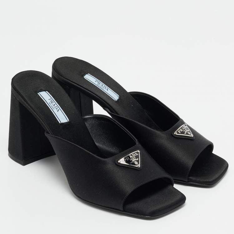 Pre Owned Prada Black Satin Triangle Logo Block Heel Slide Sandals Size 38 