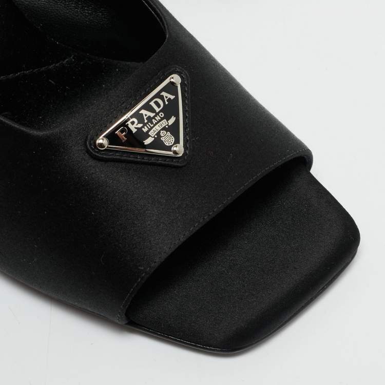 Pre Owned Prada Black Satin Triangle Logo Block Heel Slide Sandals Size 38 