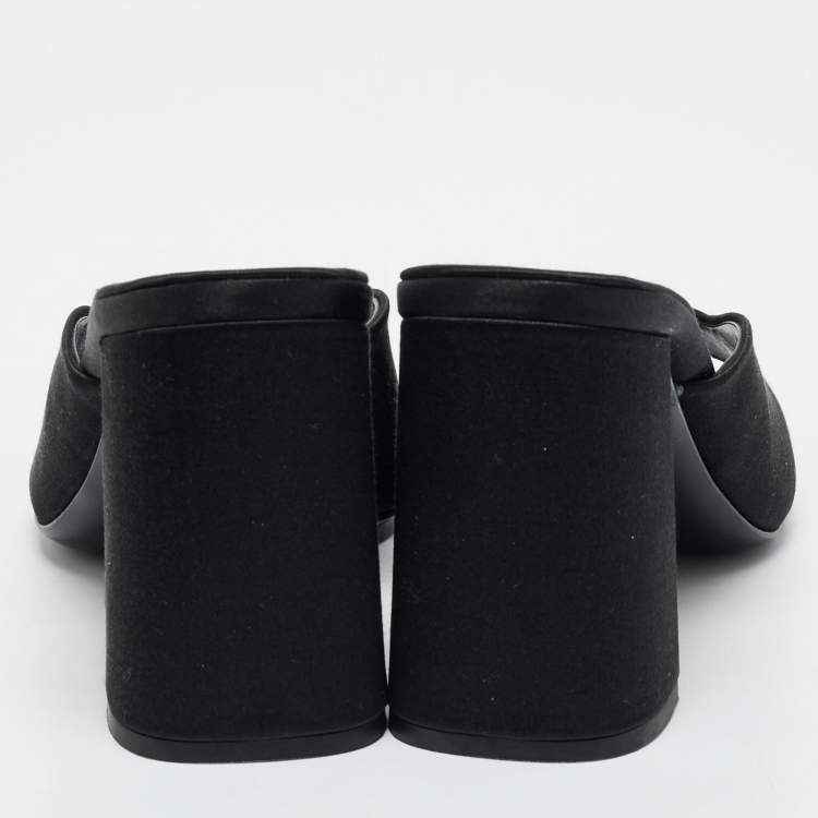 Pre Owned Prada Black Satin Triangle Logo Block Heel Slide Sandals Size 38 