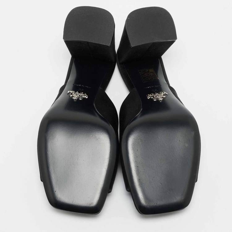 Pre Owned Prada Black Satin Triangle Logo Block Heel Slide Sandals Size 38 