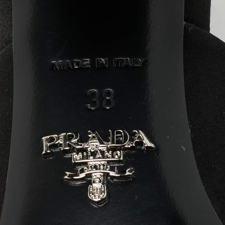 Pre Owned Prada Black Satin Triangle Logo Block Heel Slide Sandals Size 38 
