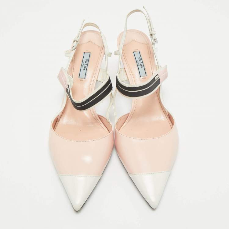 Pre Owned Prada Pink/White Leather Pointed Toe Slingback Pumps Size 41