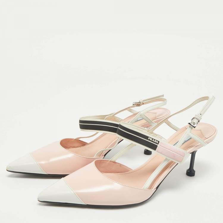 Pre Owned Prada Pink/White Leather Pointed Toe Slingback Pumps Size 41