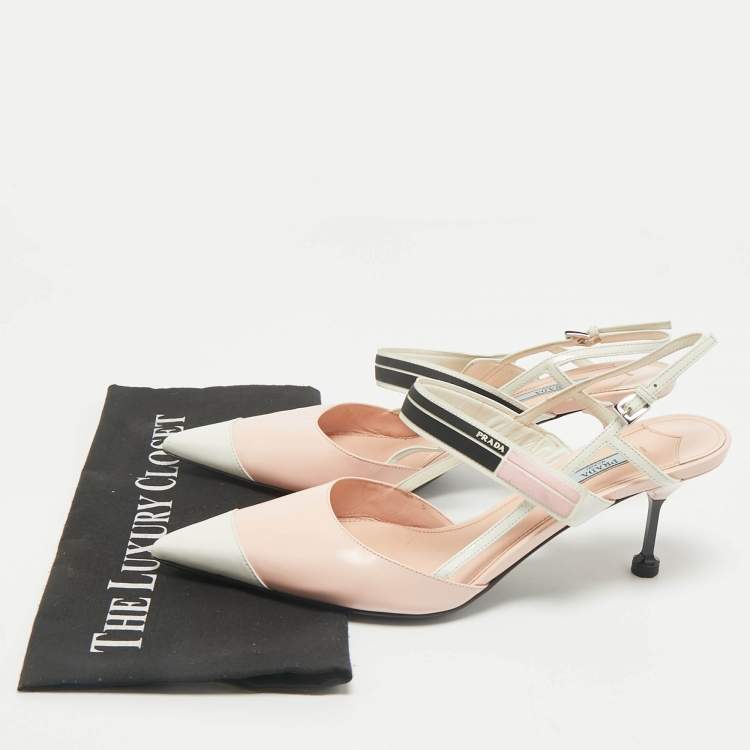 Pre Owned Prada Pink/White Leather Pointed Toe Slingback Pumps Size 41
