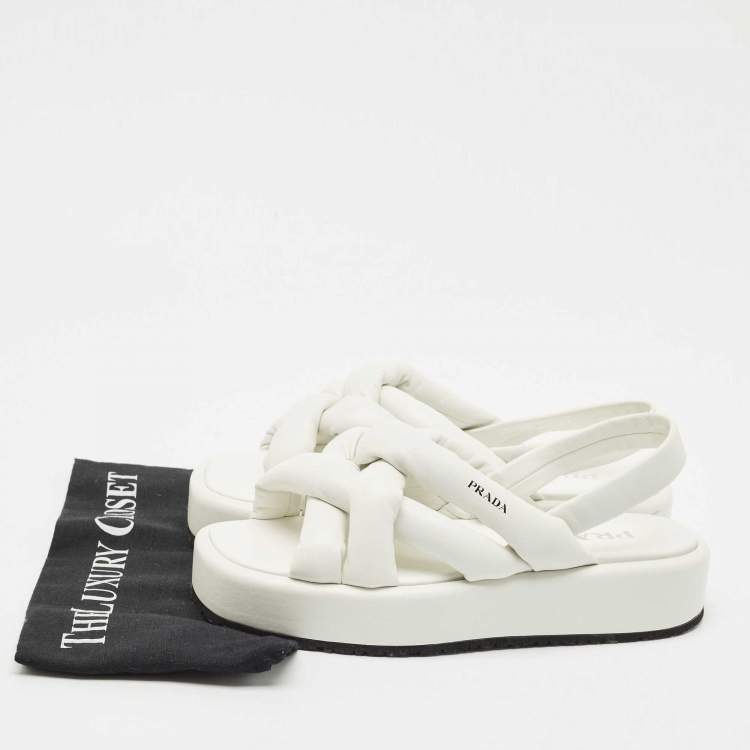 Pre Owned Prada White Leather Padded Strappy Platform Slingback Sandals Size 40