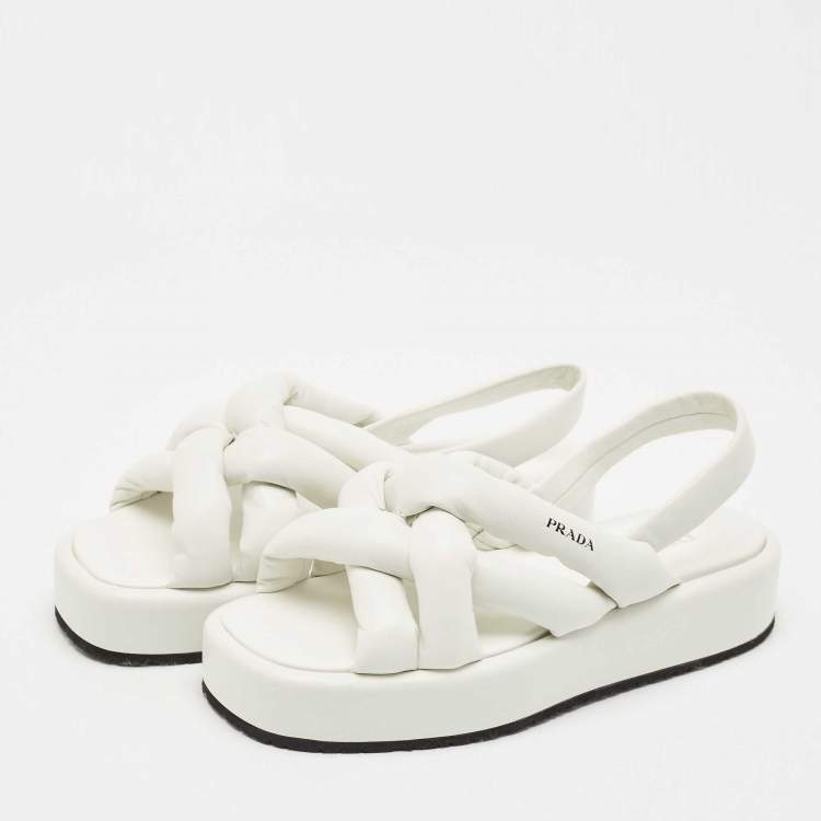 Pre Owned Prada White Leather Padded Strappy Platform Slingback Sandals Size 40