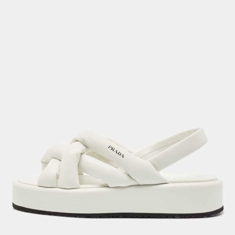 Pre Owned Prada White Leather Padded Strappy Platform Slingback Sandals Size 40