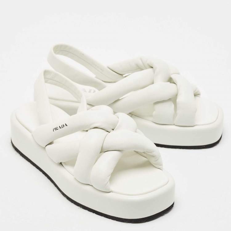 Pre Owned Prada White Leather Padded Strappy Platform Slingback Sandals Size 40