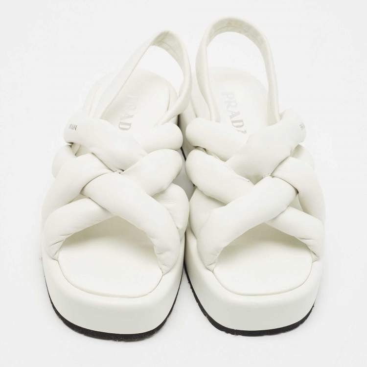 Pre Owned Prada White Leather Padded Strappy Platform Slingback Sandals Size 40