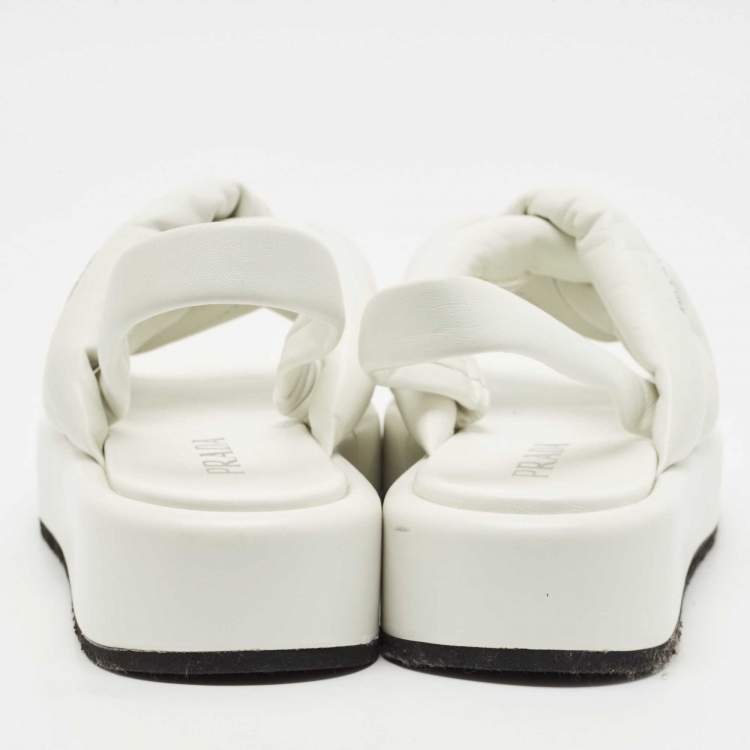 Pre Owned Prada White Leather Padded Strappy Platform Slingback Sandals Size 40