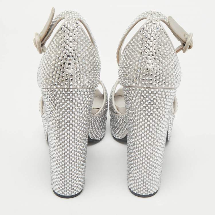 Pre Owned Prada Light Grey Satin Crystal Embellished Ankle Strap Platform Sandals Size 39