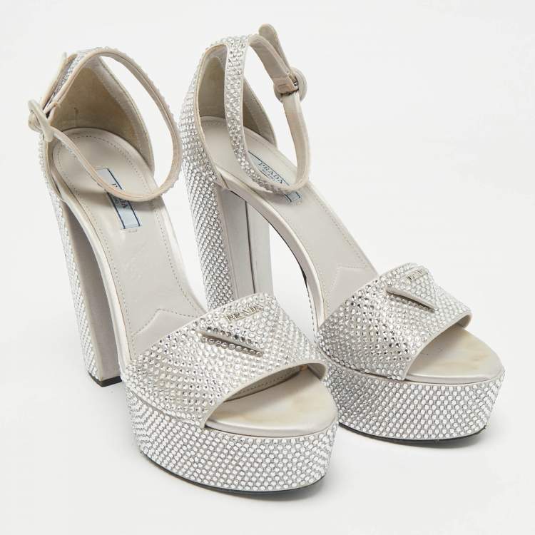 Pre Owned Prada Light Grey Satin Crystal Embellished Ankle Strap Platform Sandals Size 39