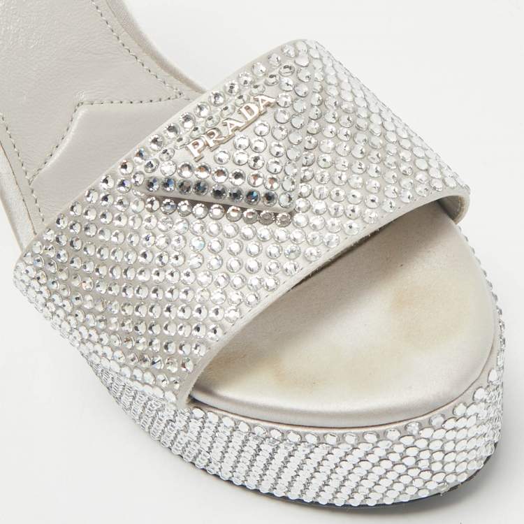 Pre Owned Prada Light Grey Satin Crystal Embellished Ankle Strap Platform Sandals Size 39