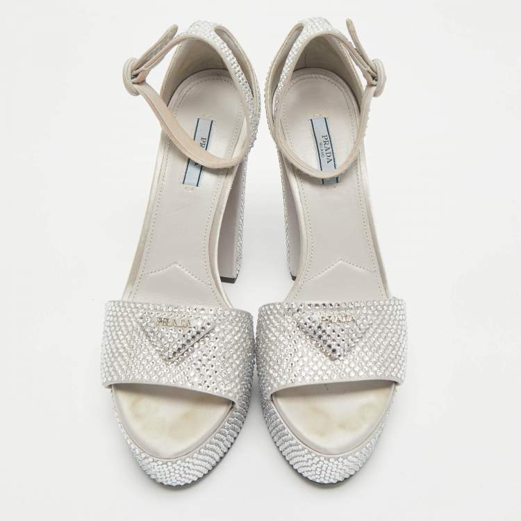 Pre Owned Prada Light Grey Satin Crystal Embellished Ankle Strap Platform Sandals Size 39