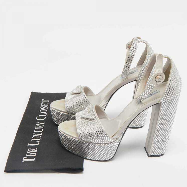 Pre Owned Prada Light Grey Satin Crystal Embellished Ankle Strap Platform Sandals Size 39