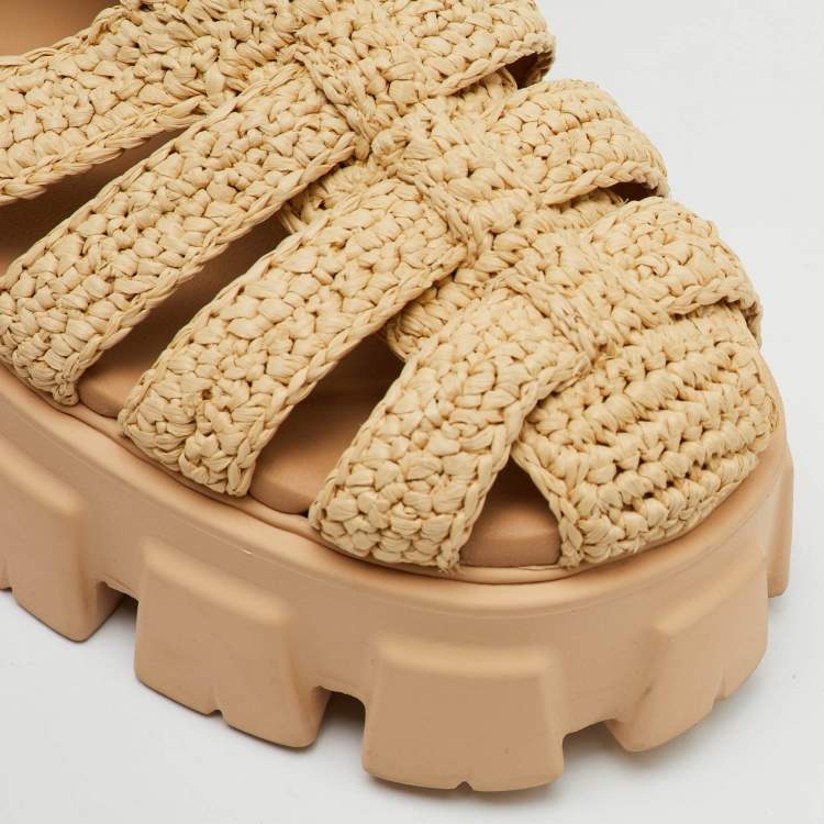 Pre Owned Prada Beige Raffia Monolith Platform Sandals Size 40