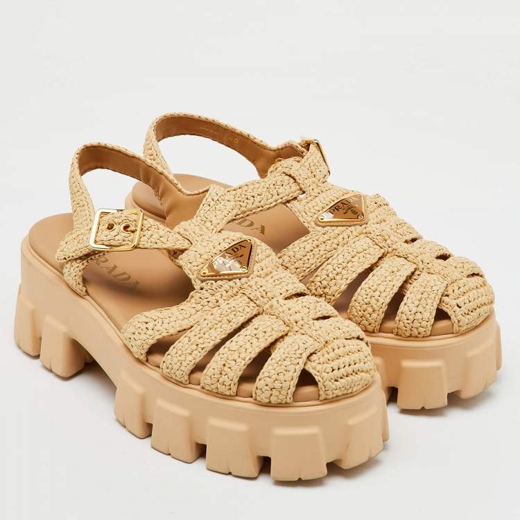 Pre Owned Prada Beige Raffia Monolith Platform Sandals Size 40