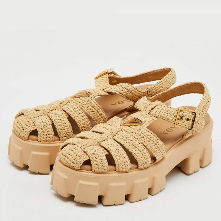 Pre Owned Prada Beige Raffia Monolith Platform Sandals Size 40