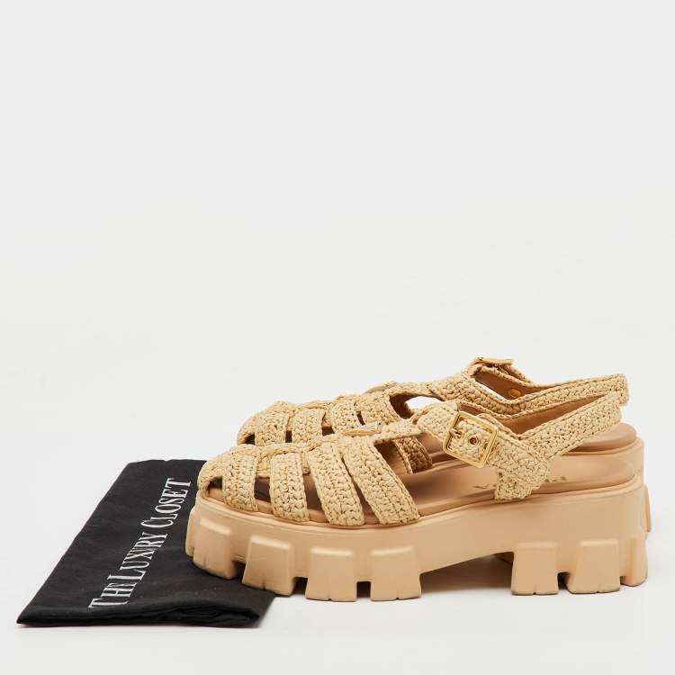 Pre Owned Prada Beige Raffia Monolith Platform Sandals Size 40