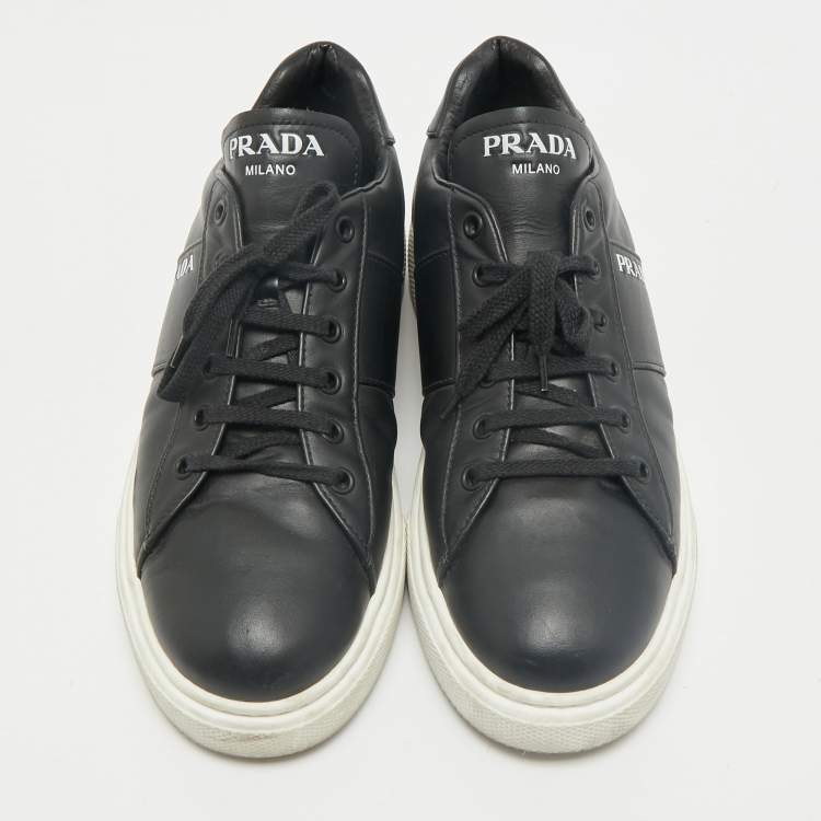 Pre Owned Prada Black Leather Low Top Sneakers Size 39.5