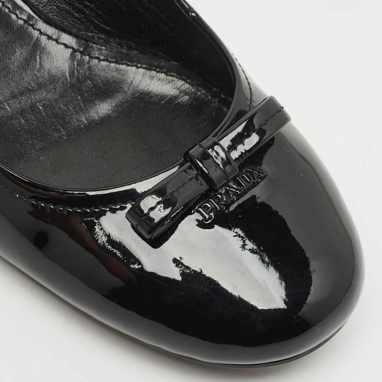 Pre Owned Prada Black Patent Leather Bow Block Heel Pumps Size 37.5