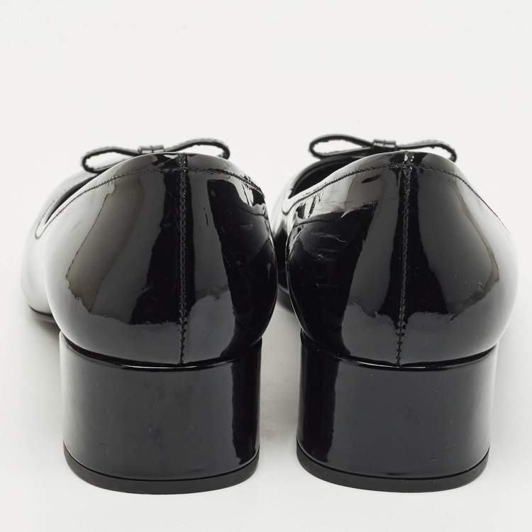 Pre Owned Prada Black Patent Leather Bow Block Heel Pumps Size 37.5