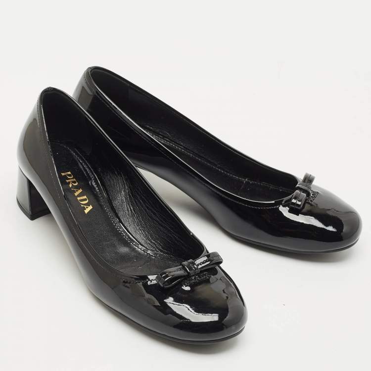 Pre Owned Prada Black Patent Leather Bow Block Heel Pumps Size 37.5