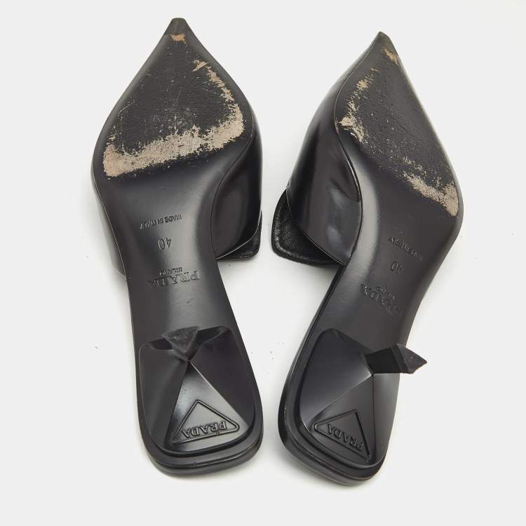 Pre Owned Prada Black Leather Logo Mules Size 40