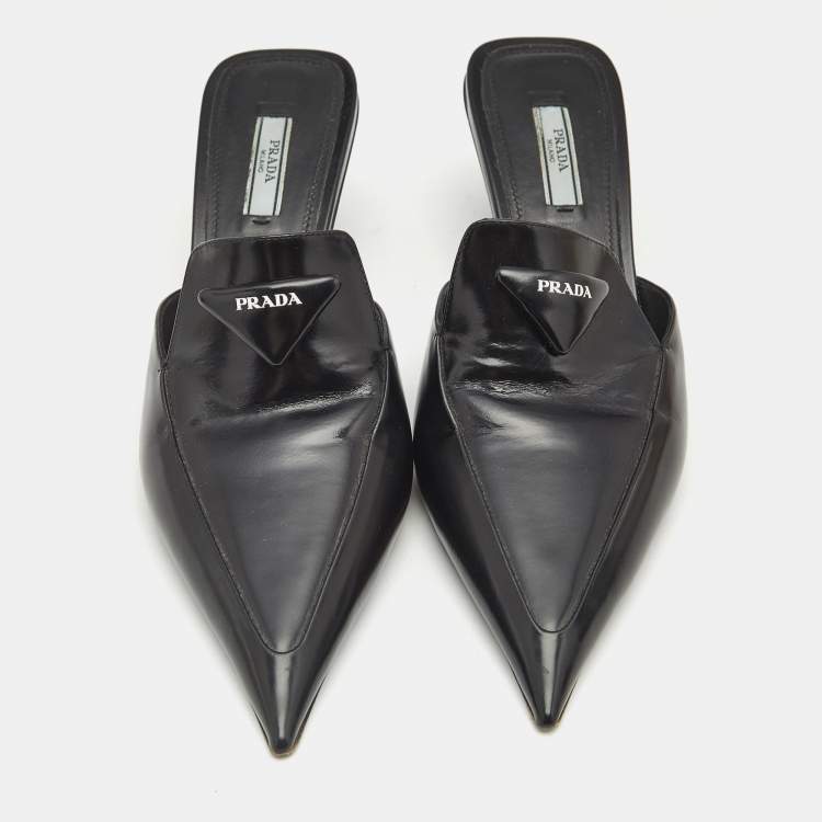 Pre Owned Prada Black Leather Logo Mules Size 40
