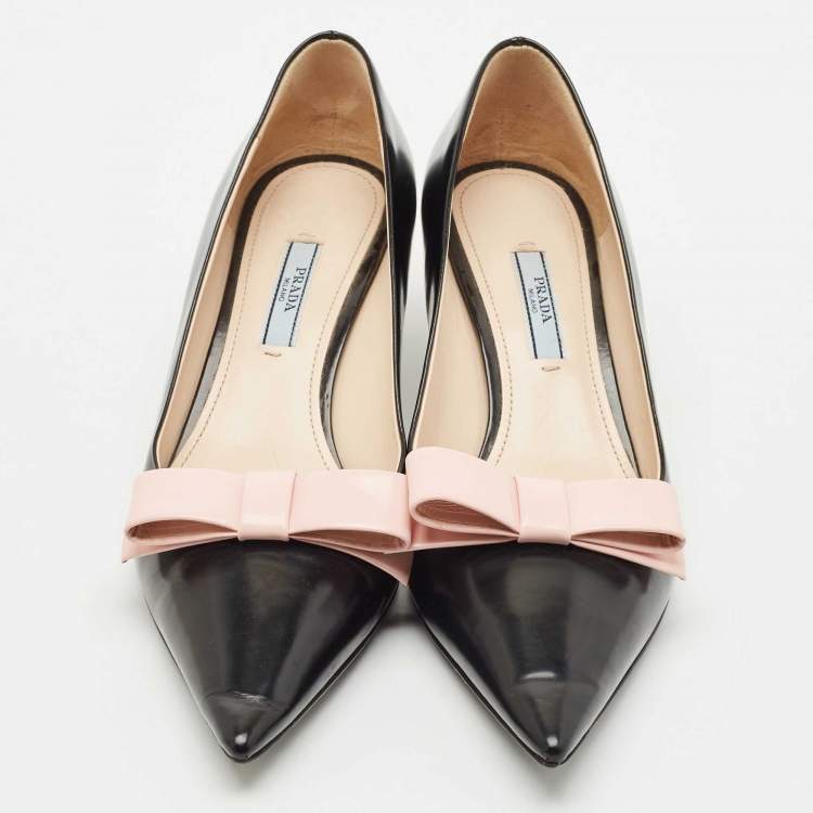 Pre Owned Prada Black/Beige Leather Pointed Toe Bow Pumps Size 38.5