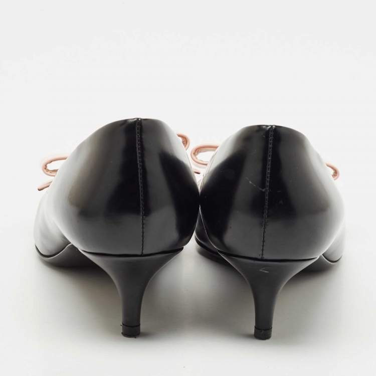 Pre Owned Prada Black/Beige Leather Pointed Toe Bow Pumps Size 38.5