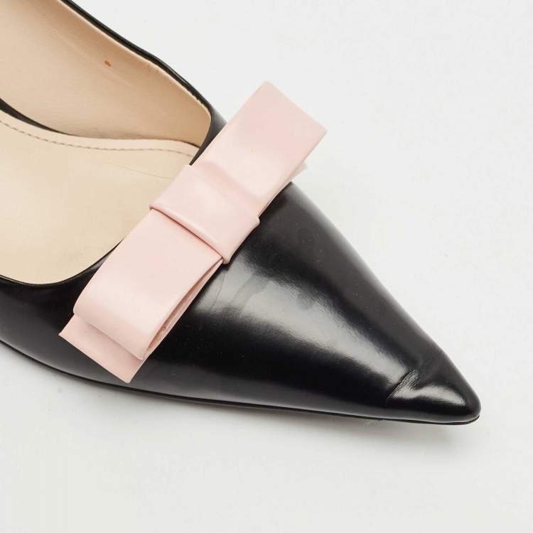 Pre Owned Prada Black/Beige Leather Pointed Toe Bow Pumps Size 38.5