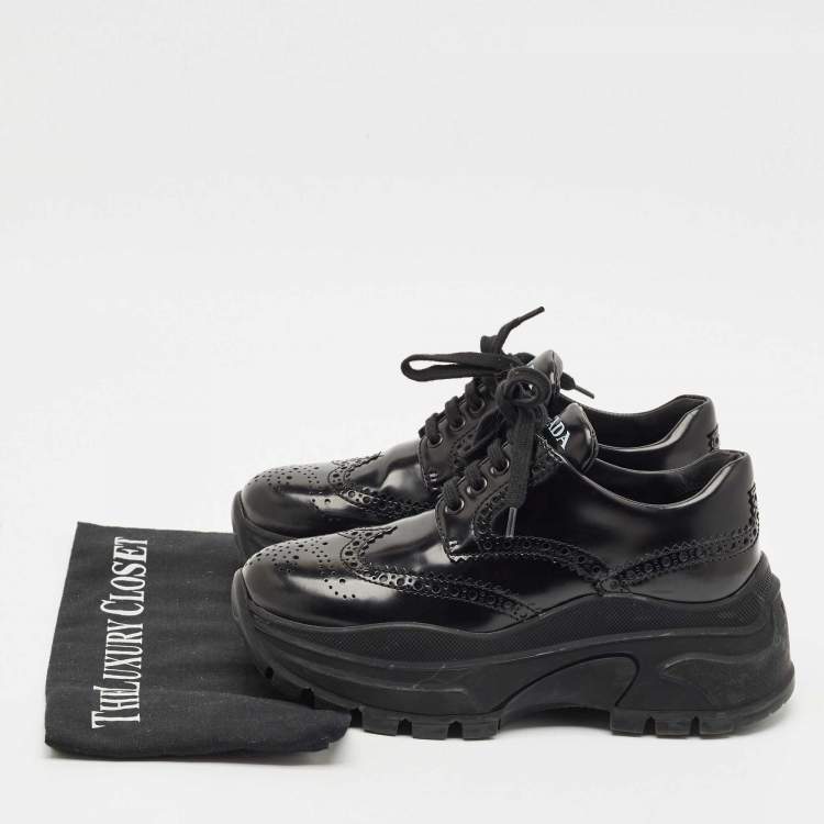 Pre Owned Prada Black Leather Brogue Derby Chunky Platform Sneakers Size 36