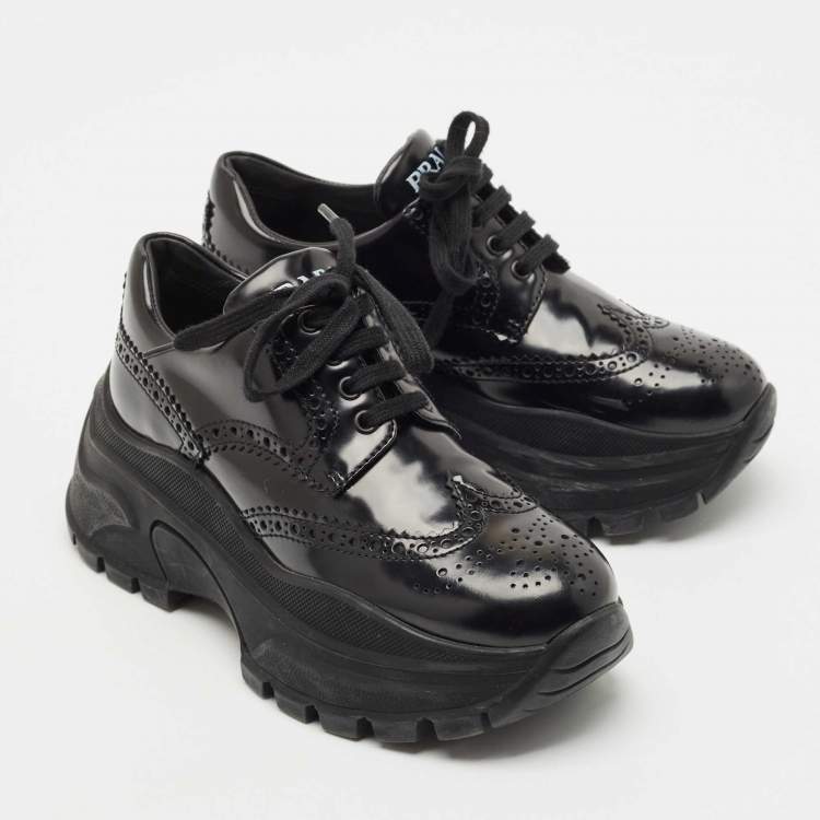 Pre Owned Prada Black Leather Brogue Derby Chunky Platform Sneakers Size 36