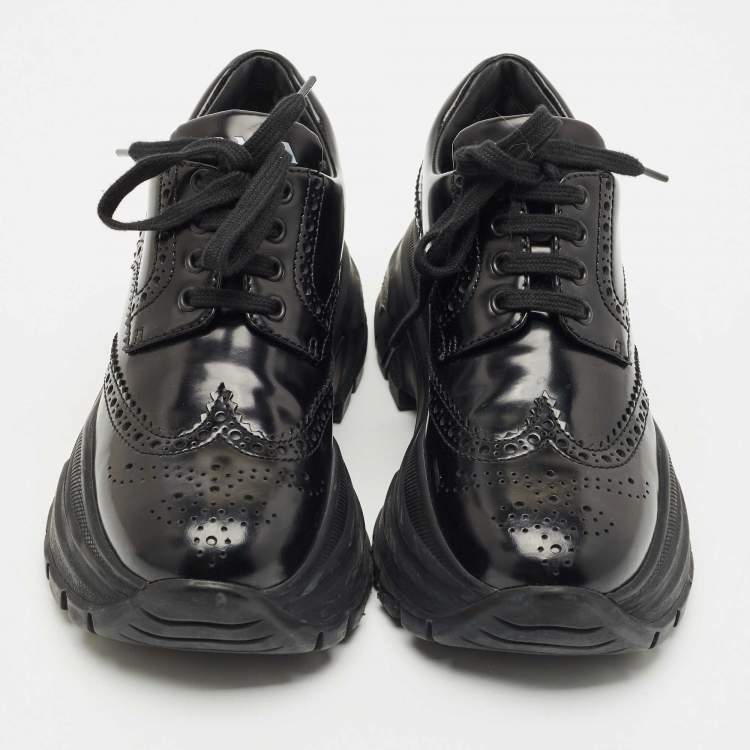 Pre Owned Prada Black Leather Brogue Derby Chunky Platform Sneakers Size 36