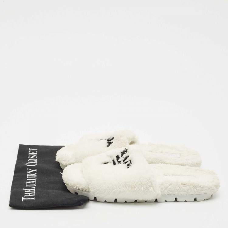Pre Owned Prada White Shearling Terry Flat Slides  Size 39