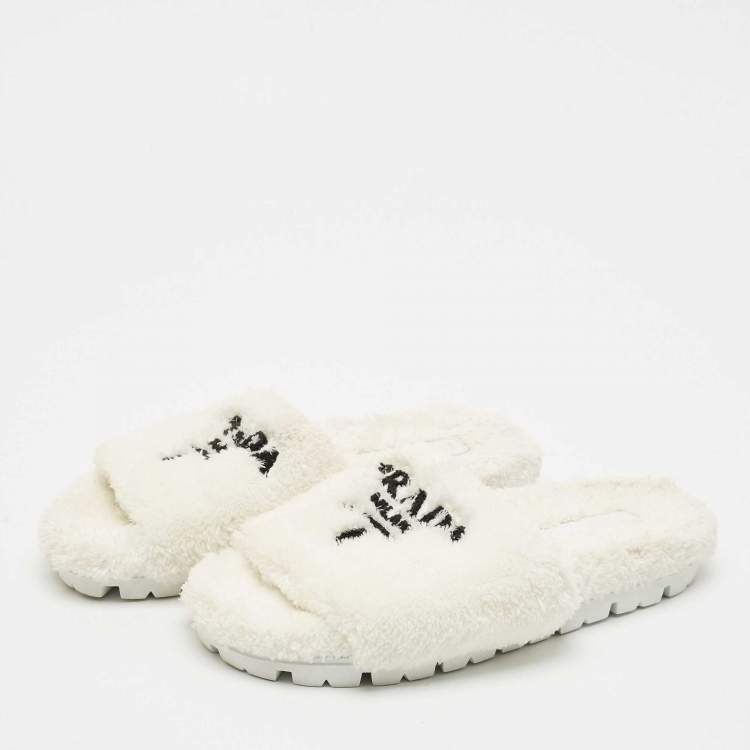 Pre Owned Prada White Shearling Terry Flat Slides  Size 39