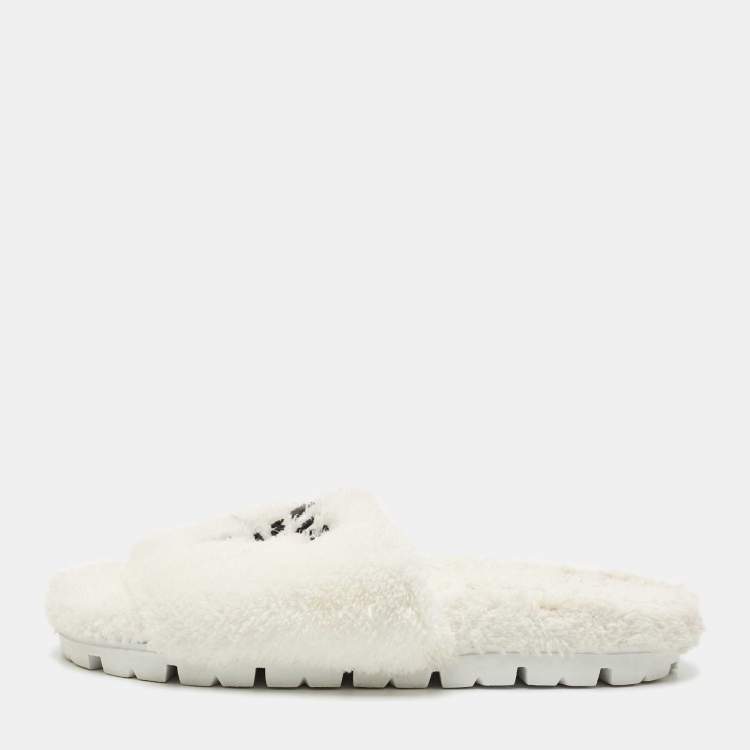 Pre Owned Prada White Shearling Terry Flat Slides  Size 39