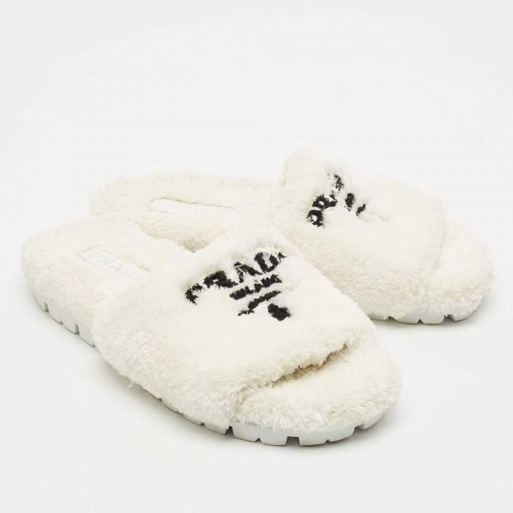 Pre Owned Prada White Shearling Terry Flat Slides  Size 39