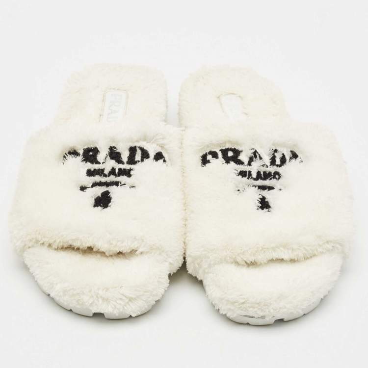 Pre Owned Prada White Shearling Terry Flat Slides  Size 39