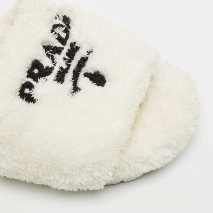 Pre Owned Prada White Shearling Terry Flat Slides  Size 39