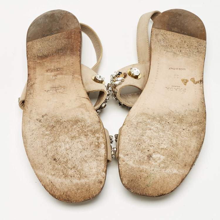 Pre Owned Prada Beige Suede Crystals Embellished Flat Sandals Size 38