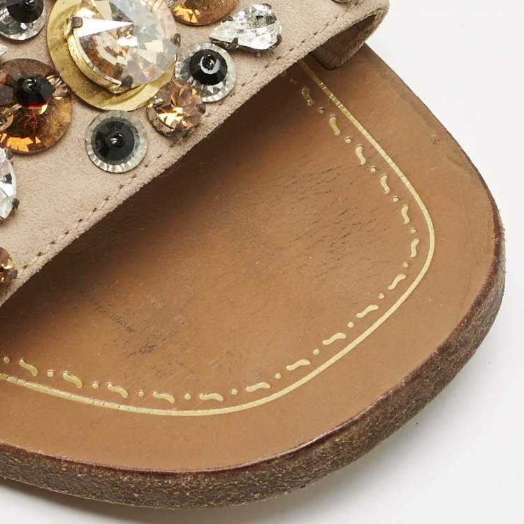 Pre Owned Prada Beige Suede Crystals Embellished Flat Sandals Size 38