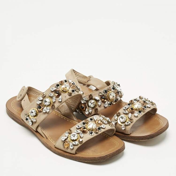 Pre Owned Prada Beige Suede Crystals Embellished Flat Sandals Size 38
