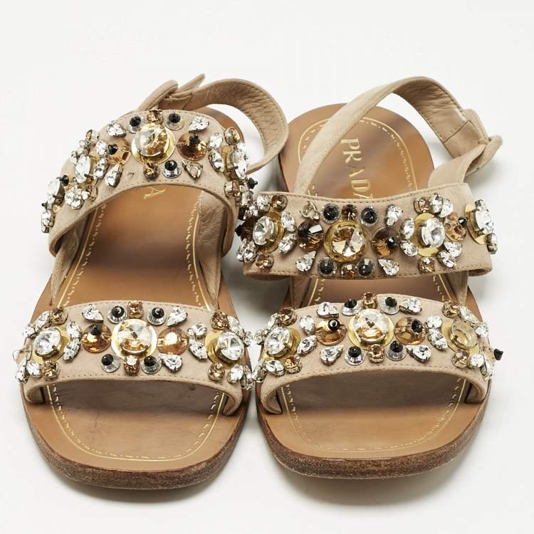 Pre Owned Prada Beige Suede Crystals Embellished Flat Sandals Size 38