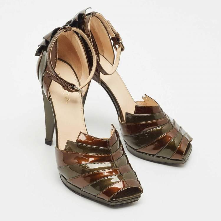 Pre Owned Prada Brown/Green Patent Leather Pleated Peep Toe D'orsay Pumps Size 36.5