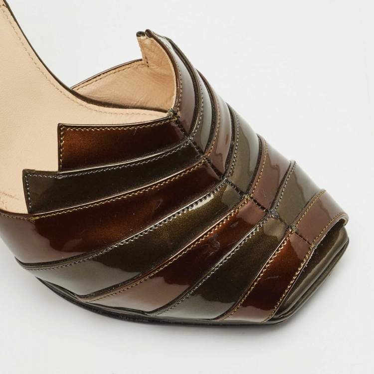 Pre Owned Prada Brown/Green Patent Leather Pleated Peep Toe D'orsay Pumps Size 36.5