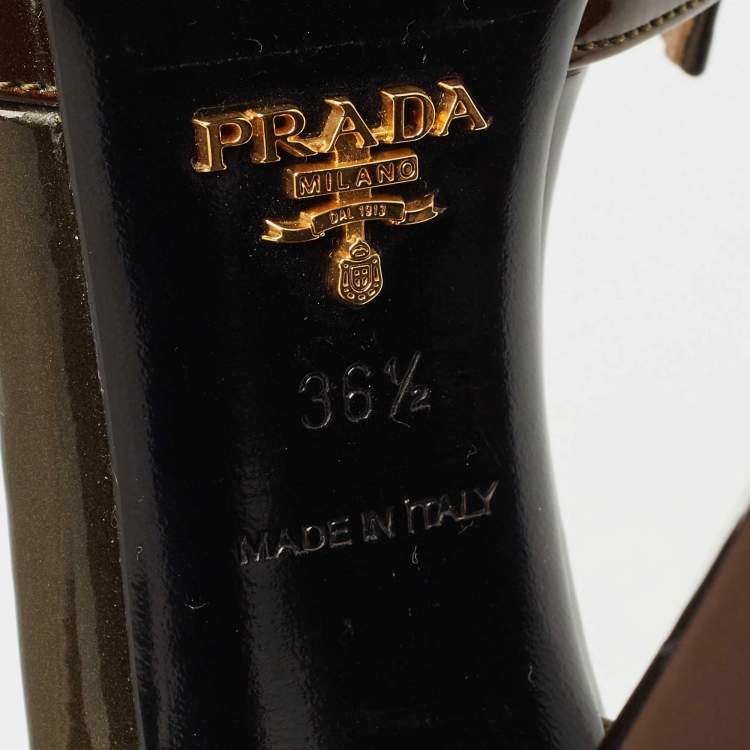 Pre Owned Prada Brown/Green Patent Leather Pleated Peep Toe D'orsay Pumps Size 36.5
